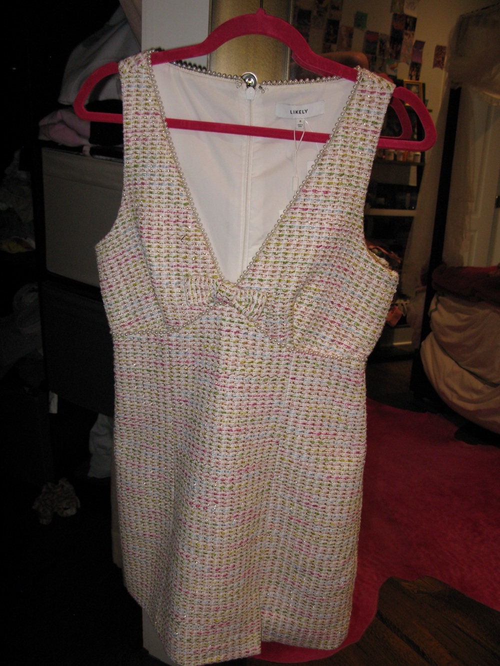 NWT Likely Pearl Trim Tweed Mini Dress Size 8 Rainbow Bouclé Bow Detail Luxury
